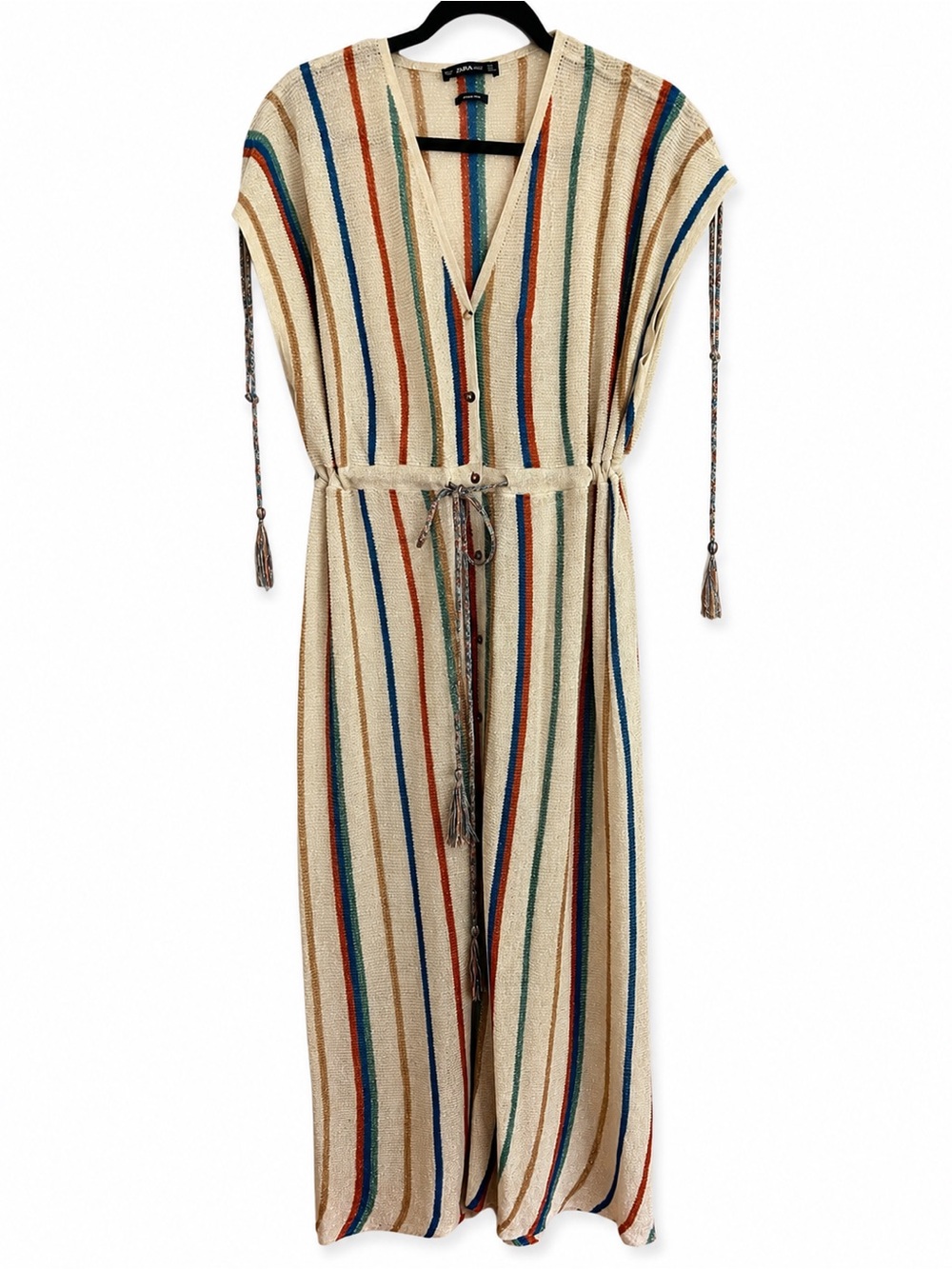Zara Women’s Beige Metallic with Multicolor Stripe Knit Maxi Dress Caftan - S